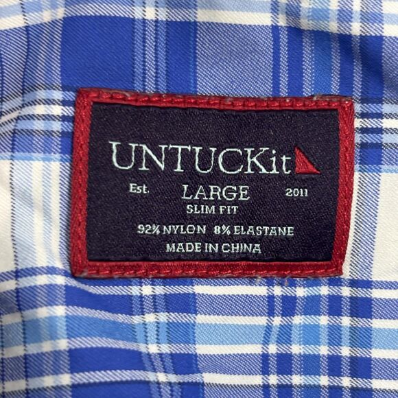 Untuckit Tramonti Shirt Men's Large Blue White Plaid Slim Fit Button Down Pocket - Picture 7 of 9